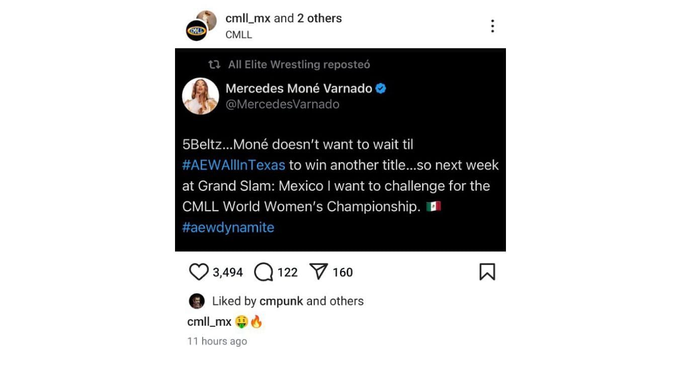 Screenshot of CM Punk liking CMLL's IG post.